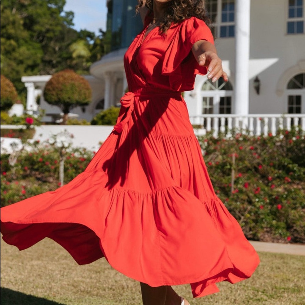 Red Flutter-Sleeve Midi Dress with Tie Waist